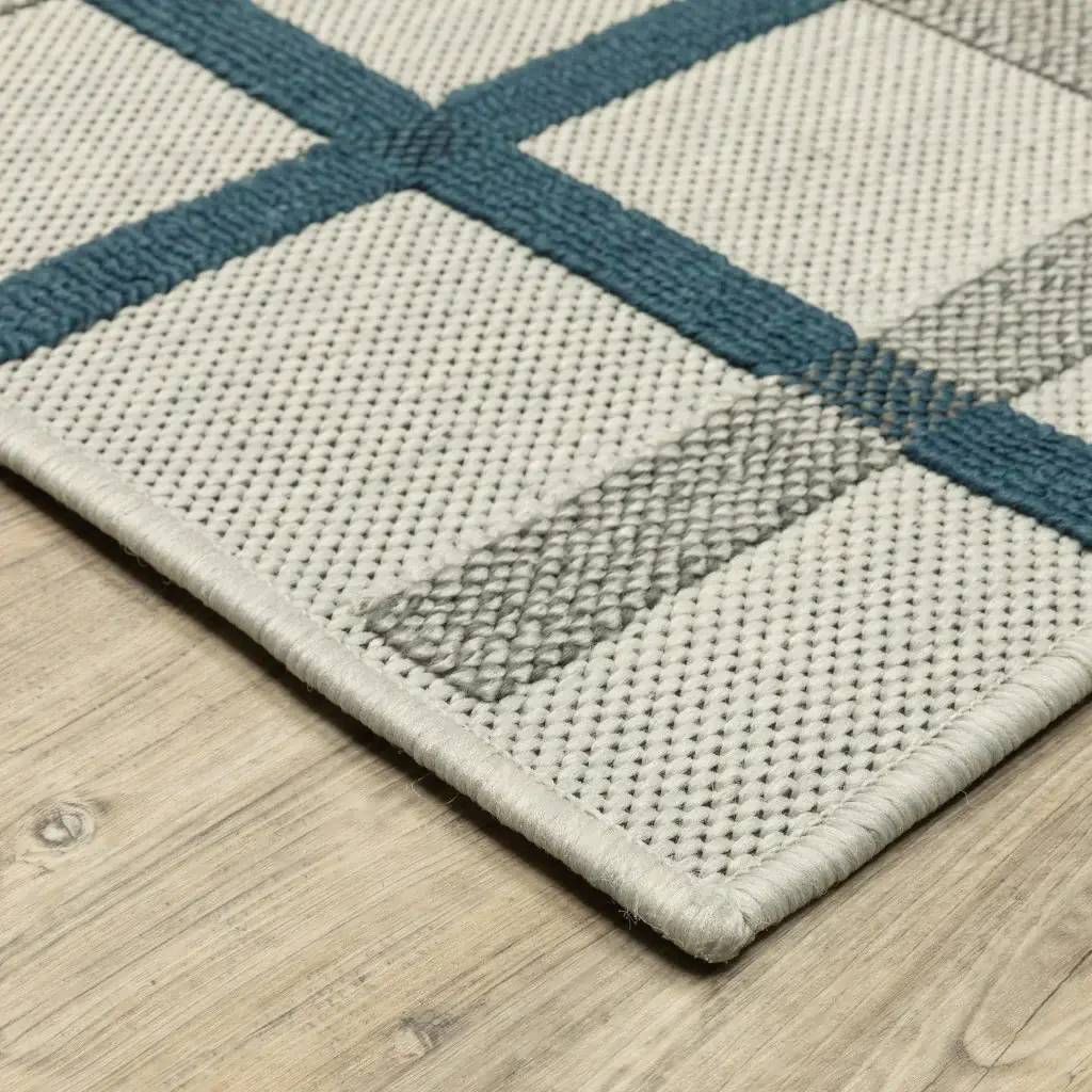 2' X 7' Blue and Beige Geometric Stain Resistant Indoor Outdoor Area Rug - Image 4
