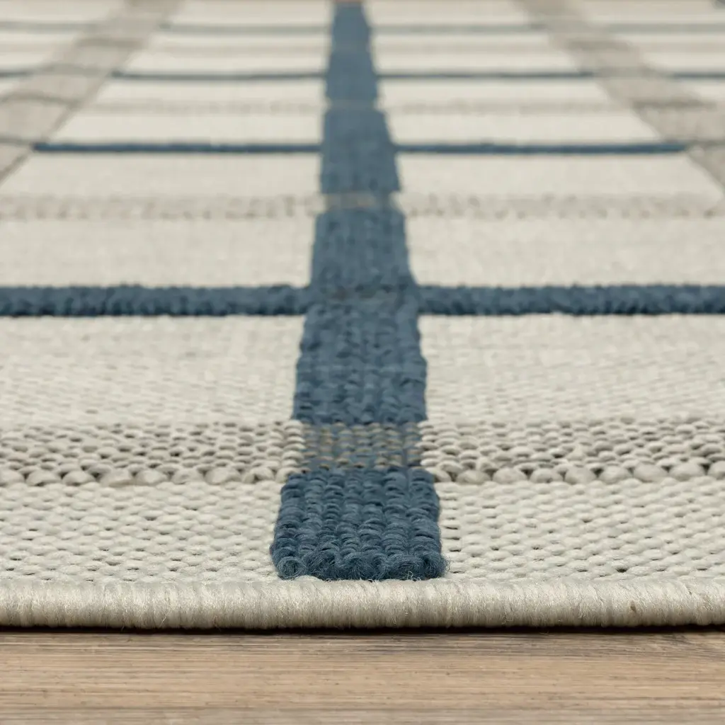 2' X 7' Blue and Beige Geometric Stain Resistant Indoor Outdoor Area Rug - Image 5
