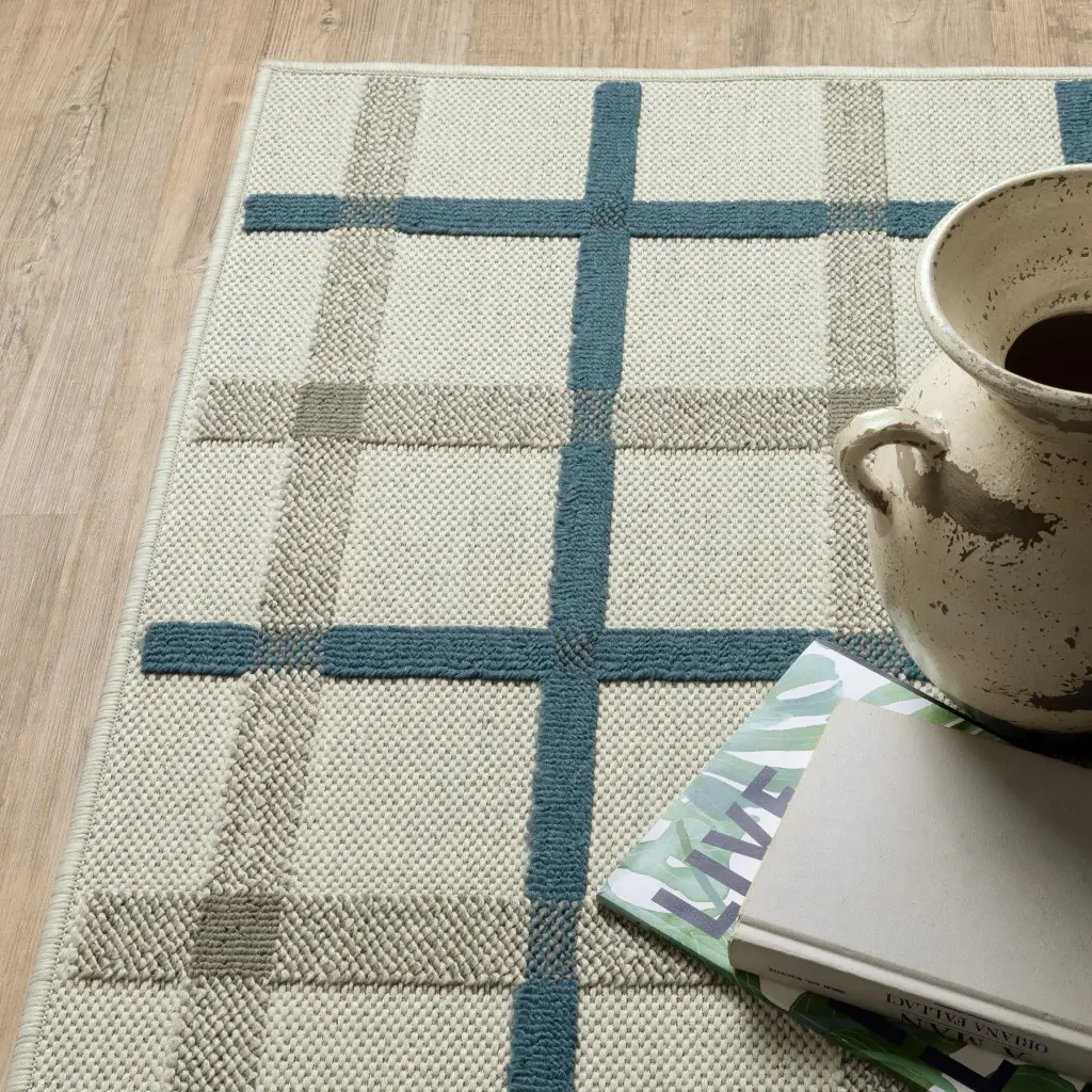 2' X 7' Blue and Beige Geometric Stain Resistant Indoor Outdoor Area Rug - Image 6