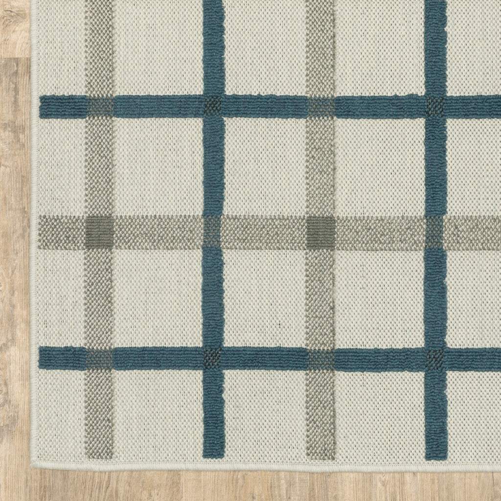 2' X 7' Blue and Beige Geometric Stain Resistant Indoor Outdoor Area Rug - Image 8