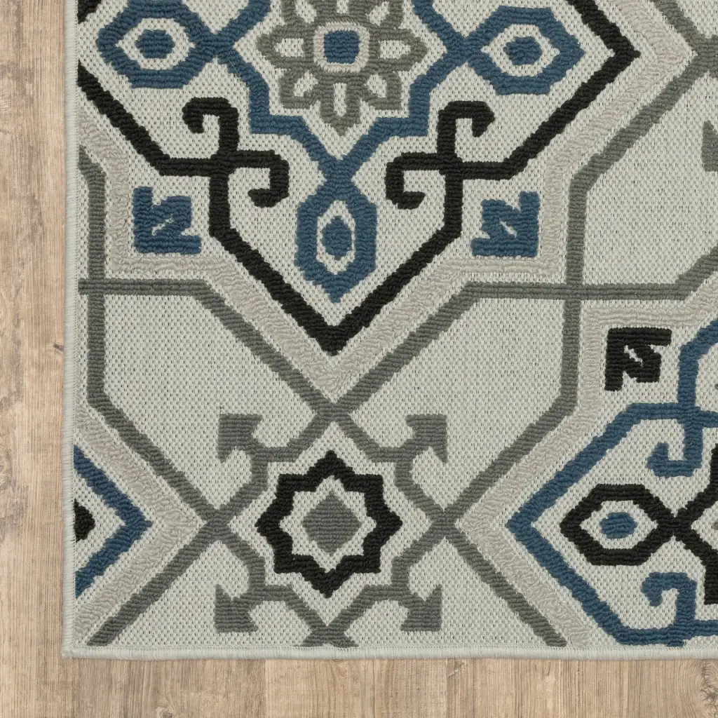 2' X 7' Blue and Beige Oriental Stain Resistant Indoor Outdoor Area Rug - Image 5