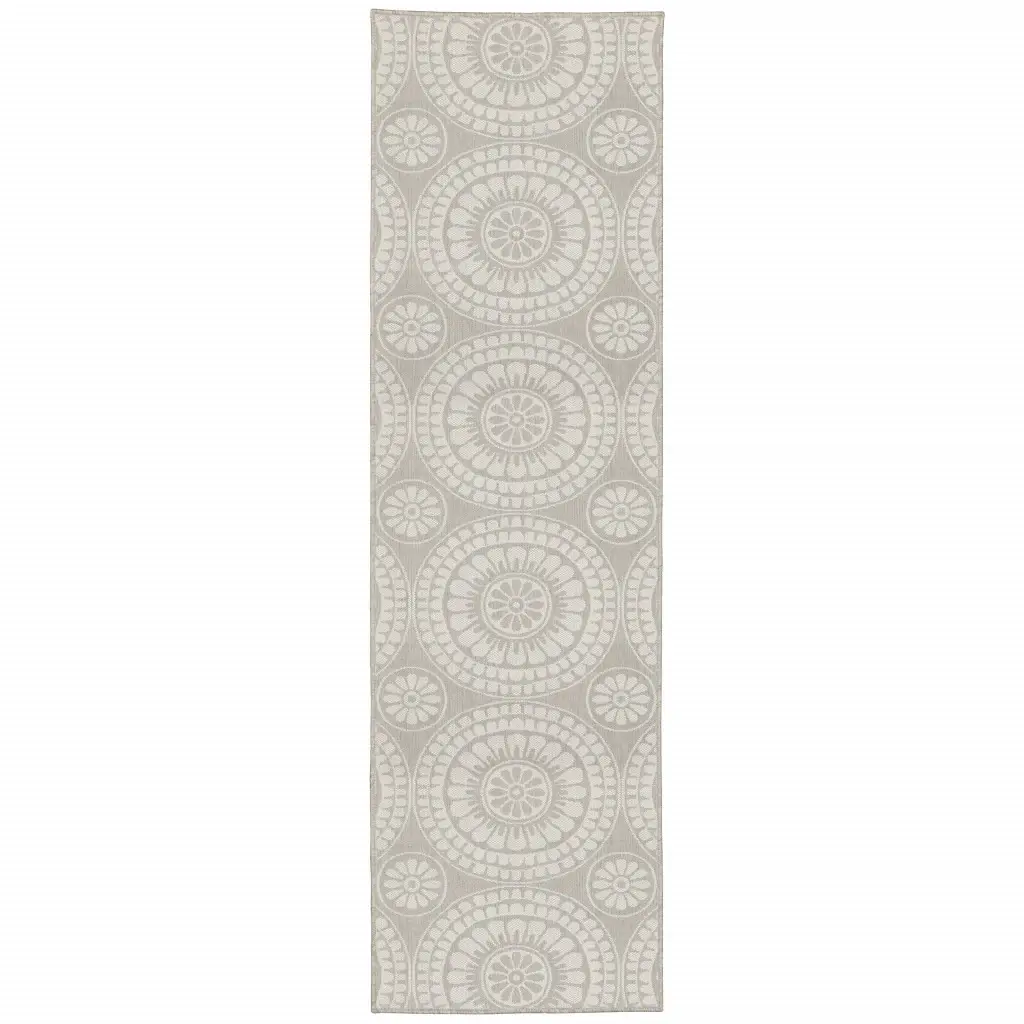 2' X 7' Gray and Ivory Geometric Stain Resistant Indoor Outdoor Area Rug