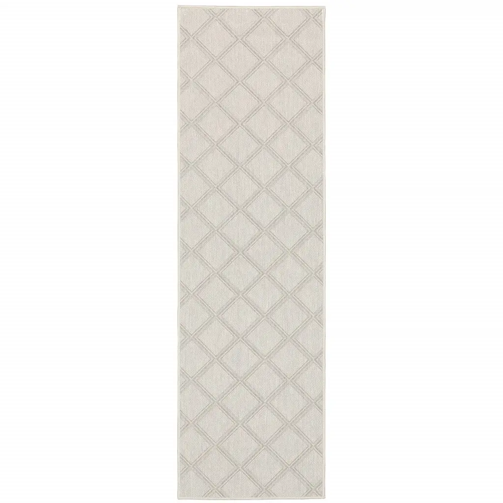 2' X 7' Gray and Ivory Geometric Stain Resistant Indoor Outdoor Area Rug