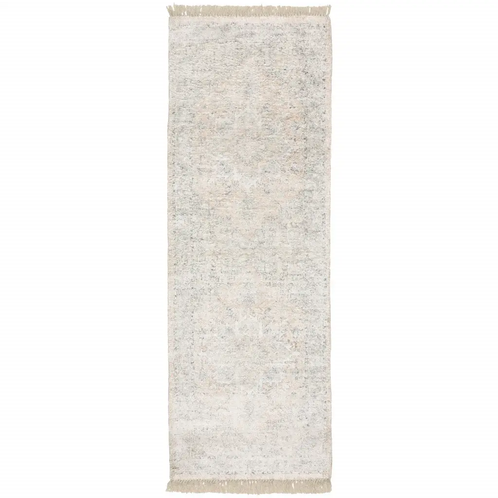 2' X 8' Beige And Grey Oriental Hand Loomed Stain Resistant Runner Rug With Fringe