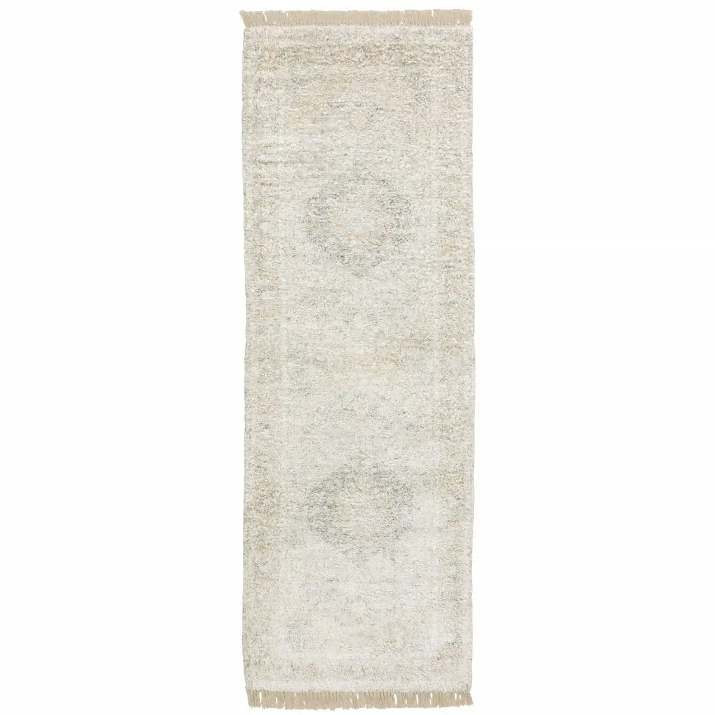 2' X 8' Beige And Grey Oriental Hand Loomed Stain Resistant Runner Rug With Fringe
