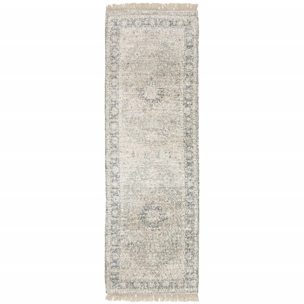 2' X 8' Beige And Grey Oriental Hand Loomed Stain Resistant Runner Rug With Fringe