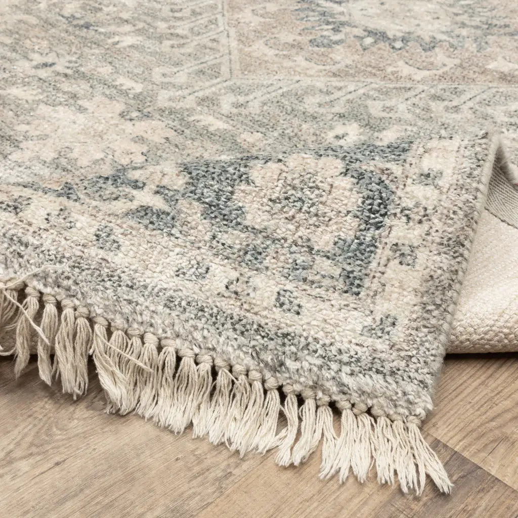 2' X 8' Beige And Grey Oriental Hand Loomed Stain Resistant Runner Rug With Fringe - Image 5