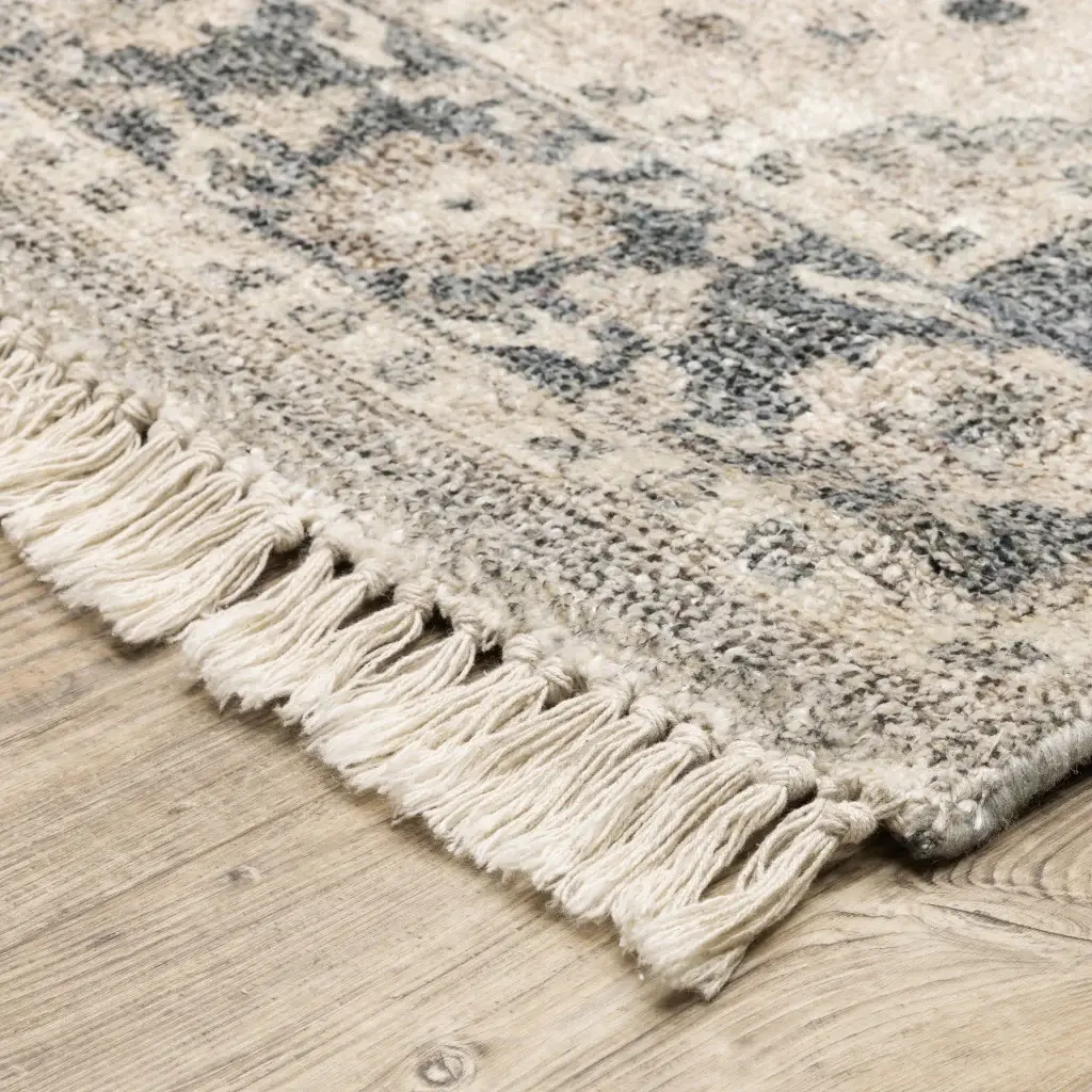 2' X 8' Beige And Grey Oriental Hand Loomed Stain Resistant Runner Rug With Fringe - Image 6