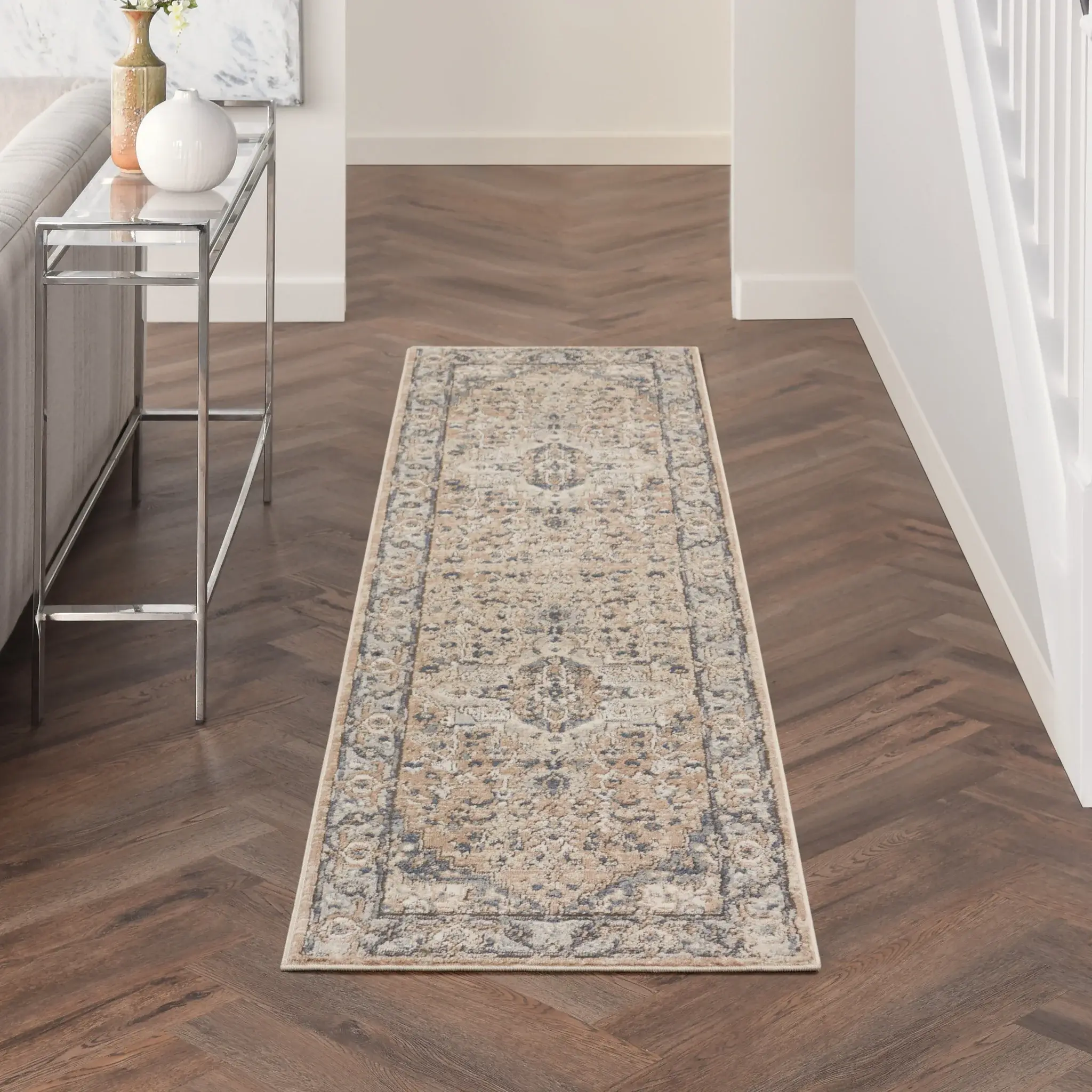 2' X 8' Beige And Grey Oriental Power Loom Non Skid Runner Rug - Image 9