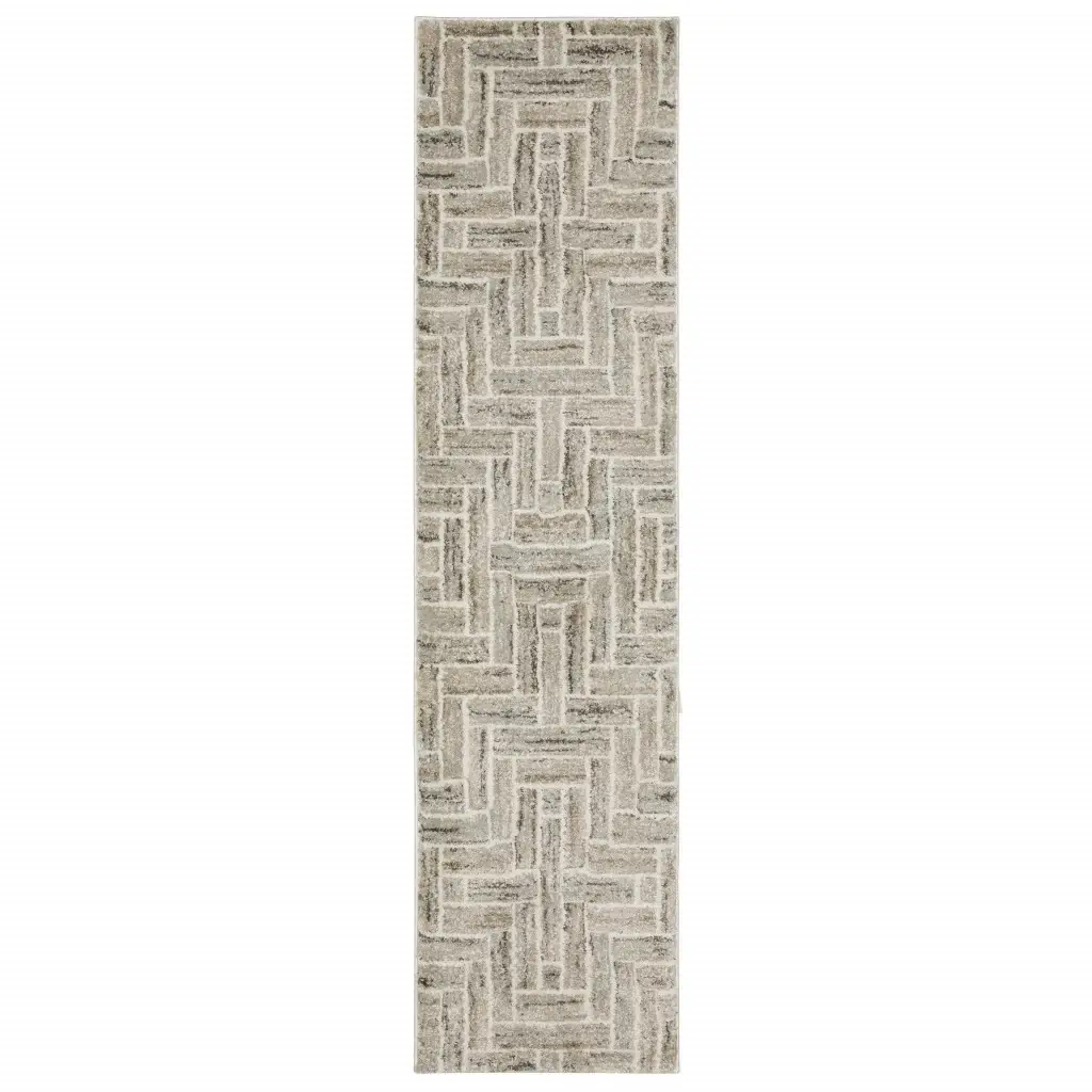 2' X 8' Beige And Ivory Geometric Power Loom Runner Rug