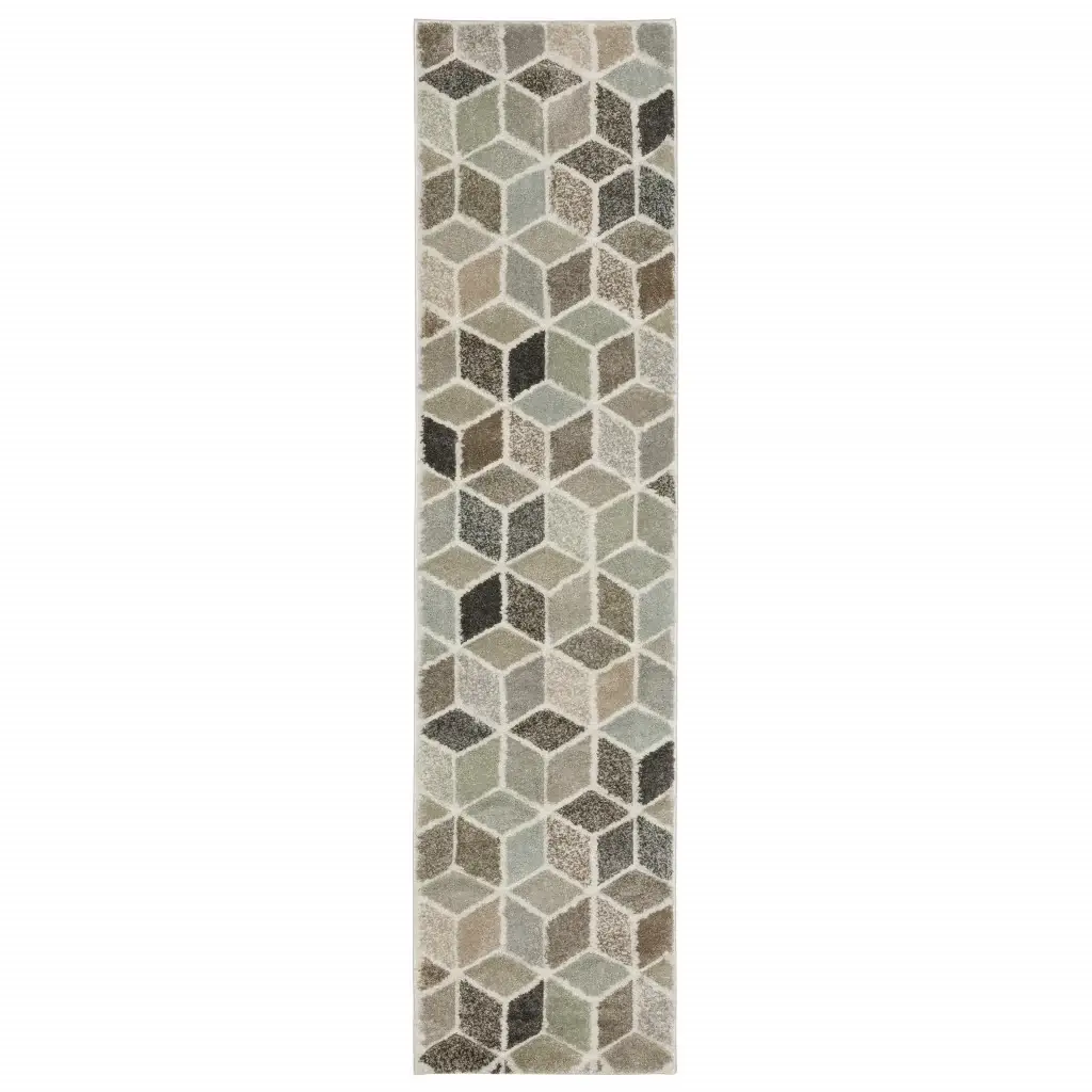 2' X 8' Beige Brown Grey Tan Sage And Pale Blue Geometric Power Loom Stain Resistant Runner Rug