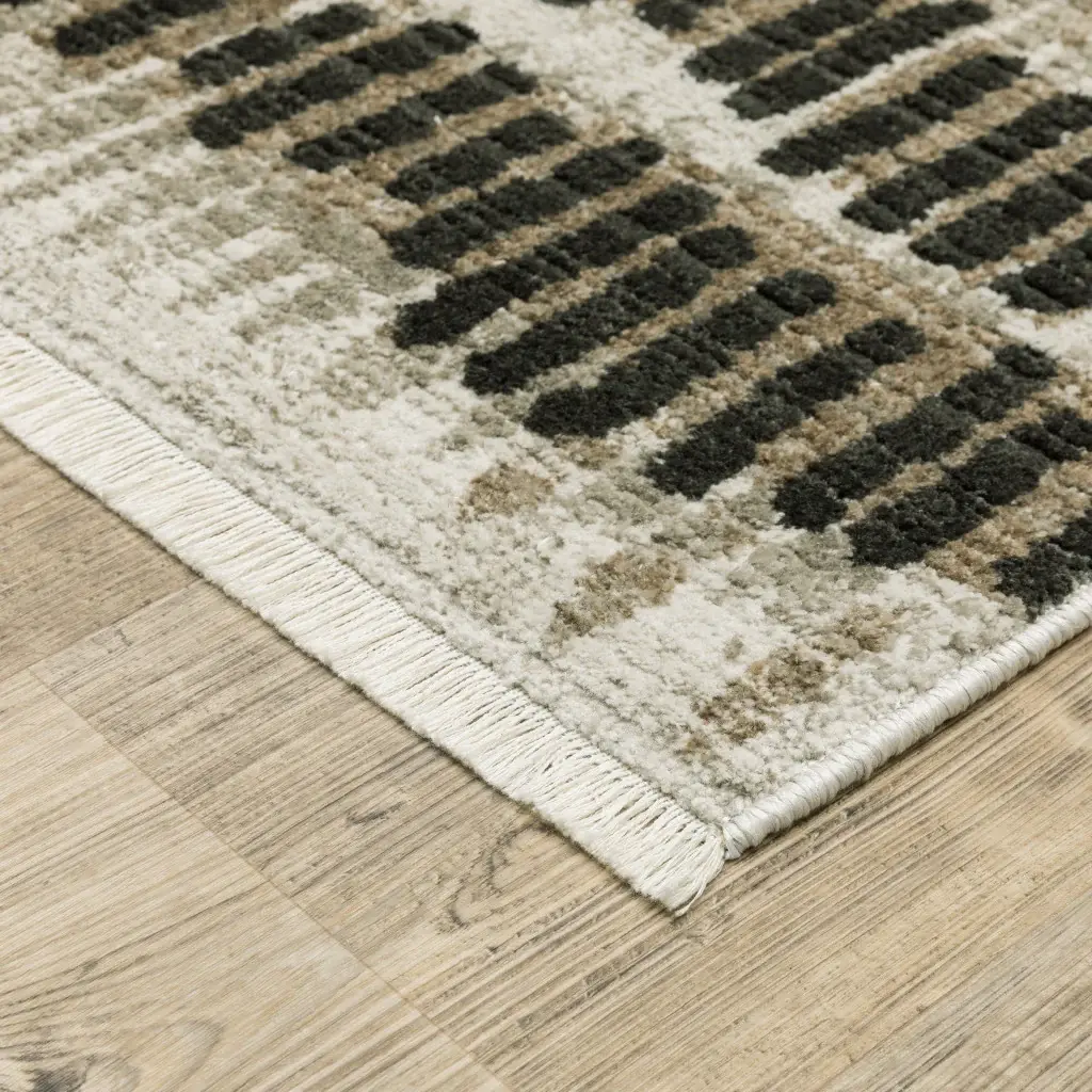 2' X 8' Beige Ivory Charcoal Brown Tan And Grey Abstract Power Loom Stain Resistant Runner Rug With Fringe - Image 2