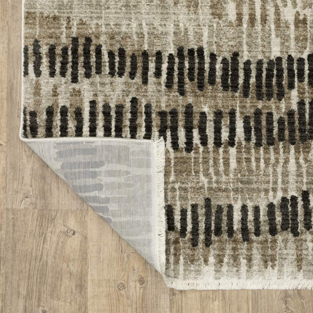 2' X 8' Beige Ivory Charcoal Brown Tan And Grey Abstract Power Loom Stain Resistant Runner Rug With Fringe - Image 3