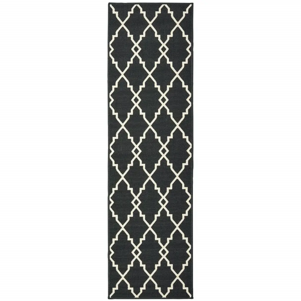 2' X 8' Black and Ivory Indoor Outdoor Area Rug