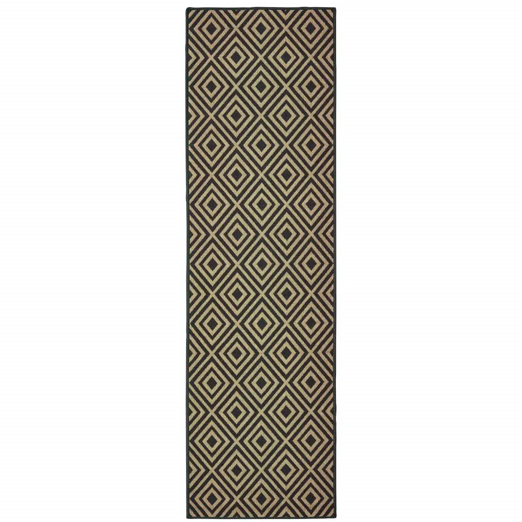 2' X 8' Black and Tan Geometric Stain Resistant Indoor Outdoor Area Rug