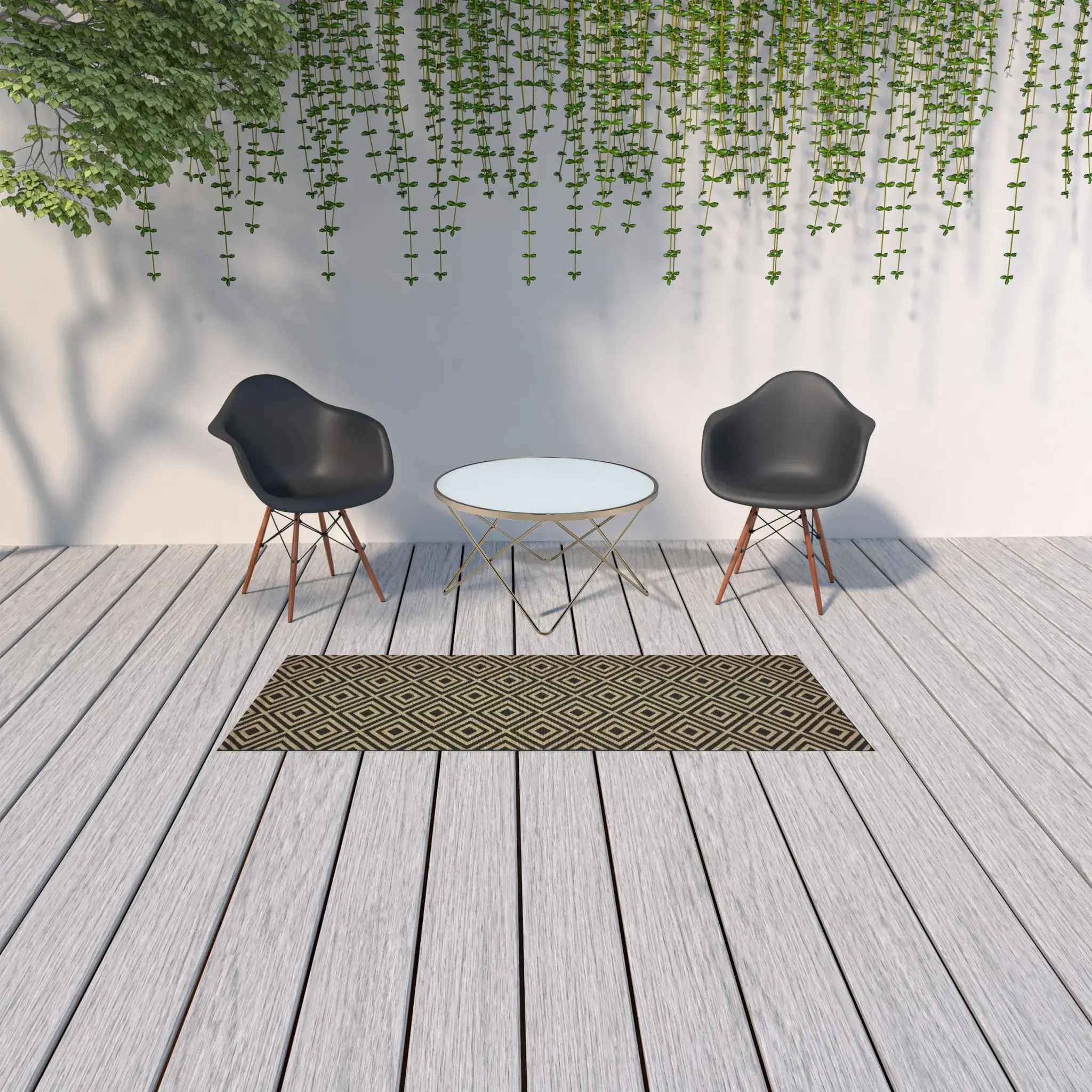 2' X 8' Black and Tan Geometric Stain Resistant Indoor Outdoor Area Rug - Image 2