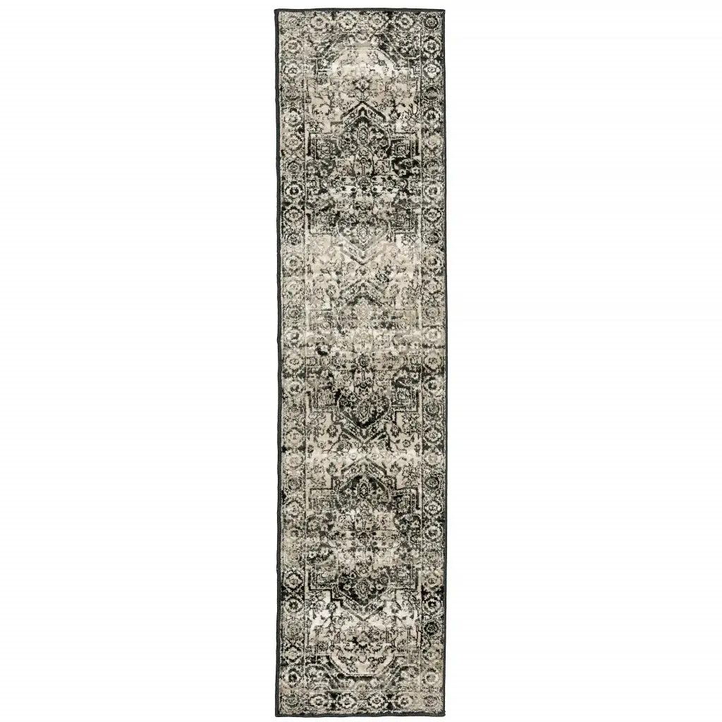 2' X 8' Black Grey Tan And Ivory Oriental Power Loom Stain Resistant Runner Rug - Image 2