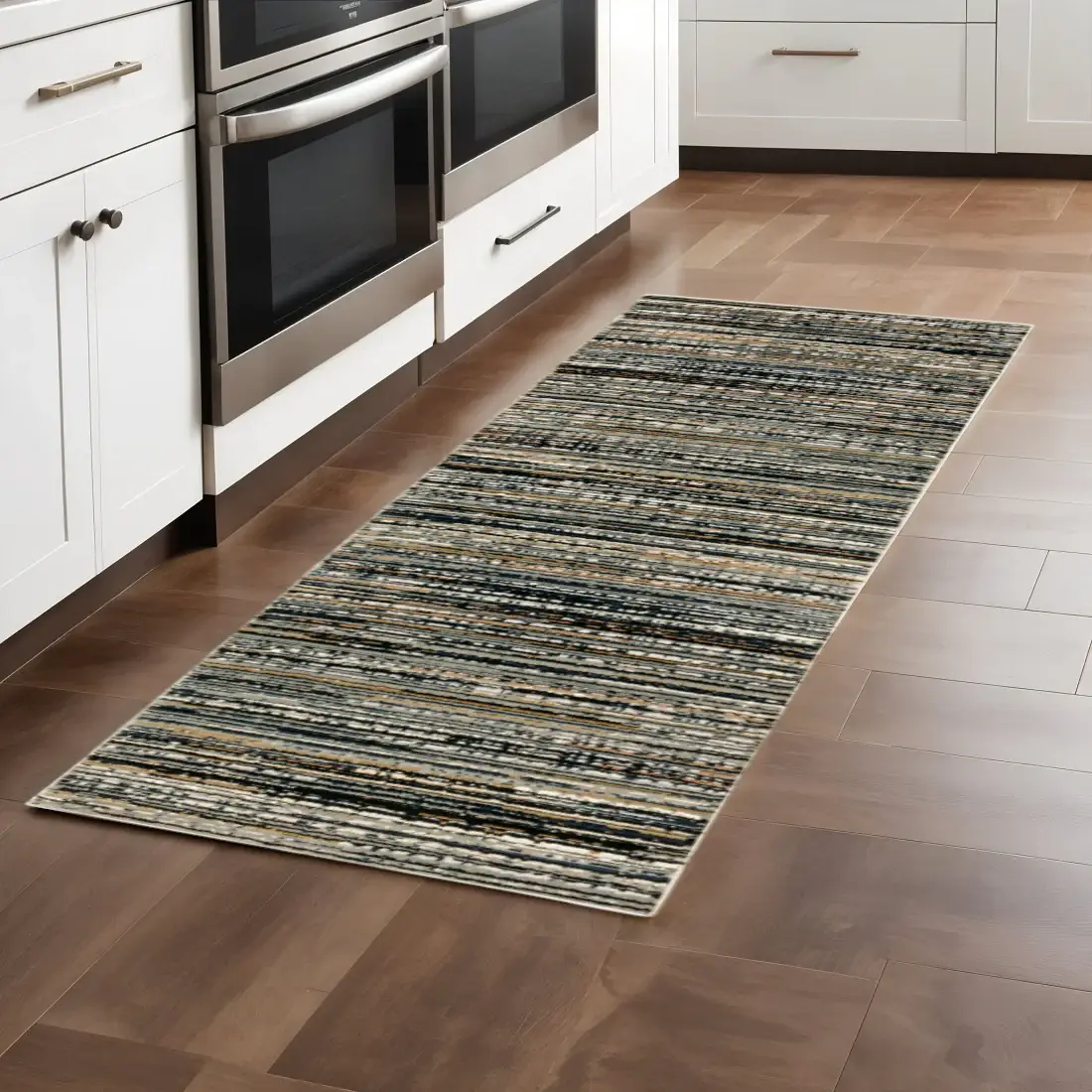 2' X 8' Black Navy Gold Ivory And Blush Abstract Power Loom Stain Resistant Runner Rug