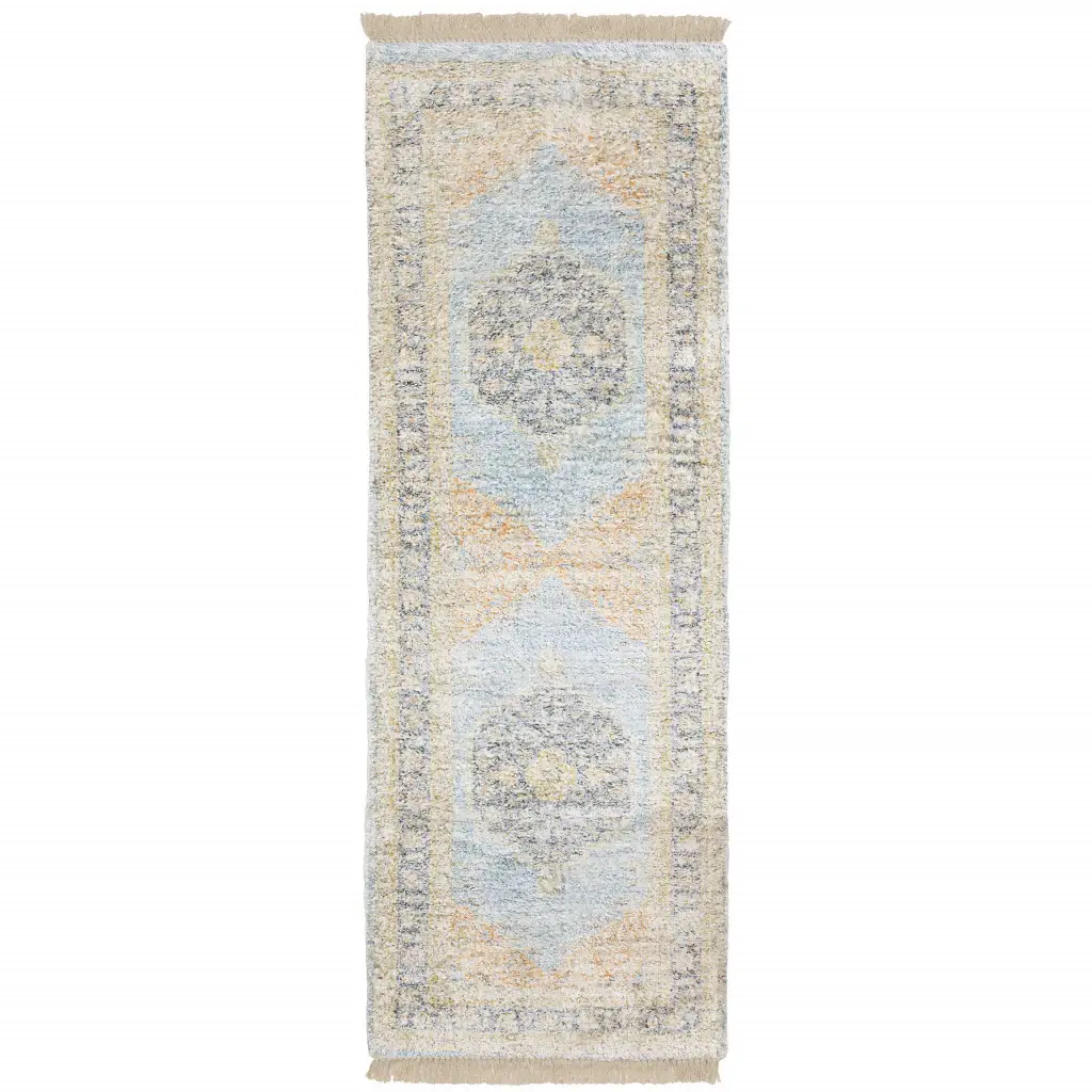 2' X 8' Blue And Beige Oriental Hand Loomed Stain Resistant Runner Rug With Fringe - Image 2