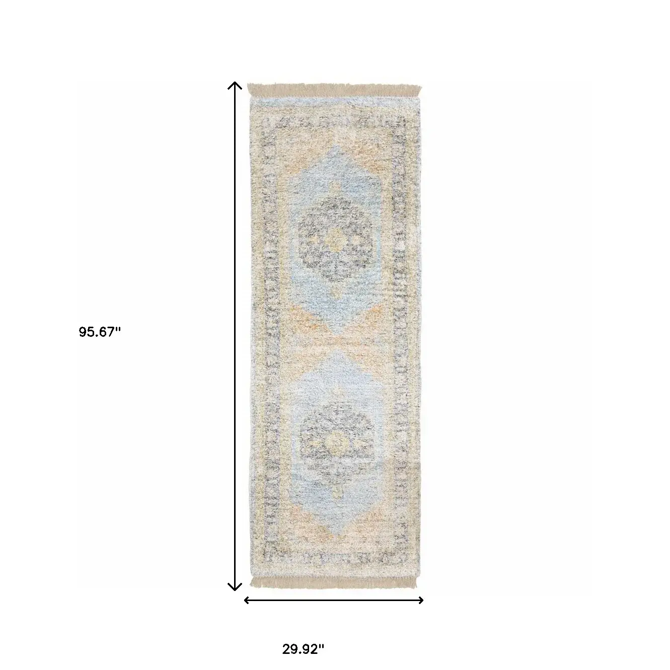 2' X 8' Blue And Beige Oriental Hand Loomed Stain Resistant Runner Rug With Fringe - Image 3