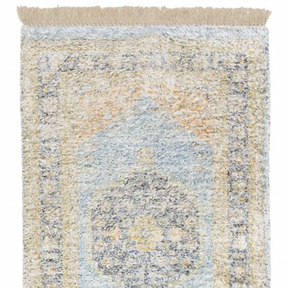 2' X 8' Blue And Beige Oriental Hand Loomed Stain Resistant Runner Rug With Fringe - Image 4