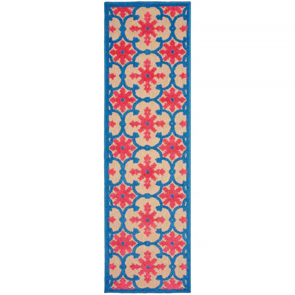 2' X 8' Blue and Beige Oriental Stain Resistant Indoor Outdoor Area Rug