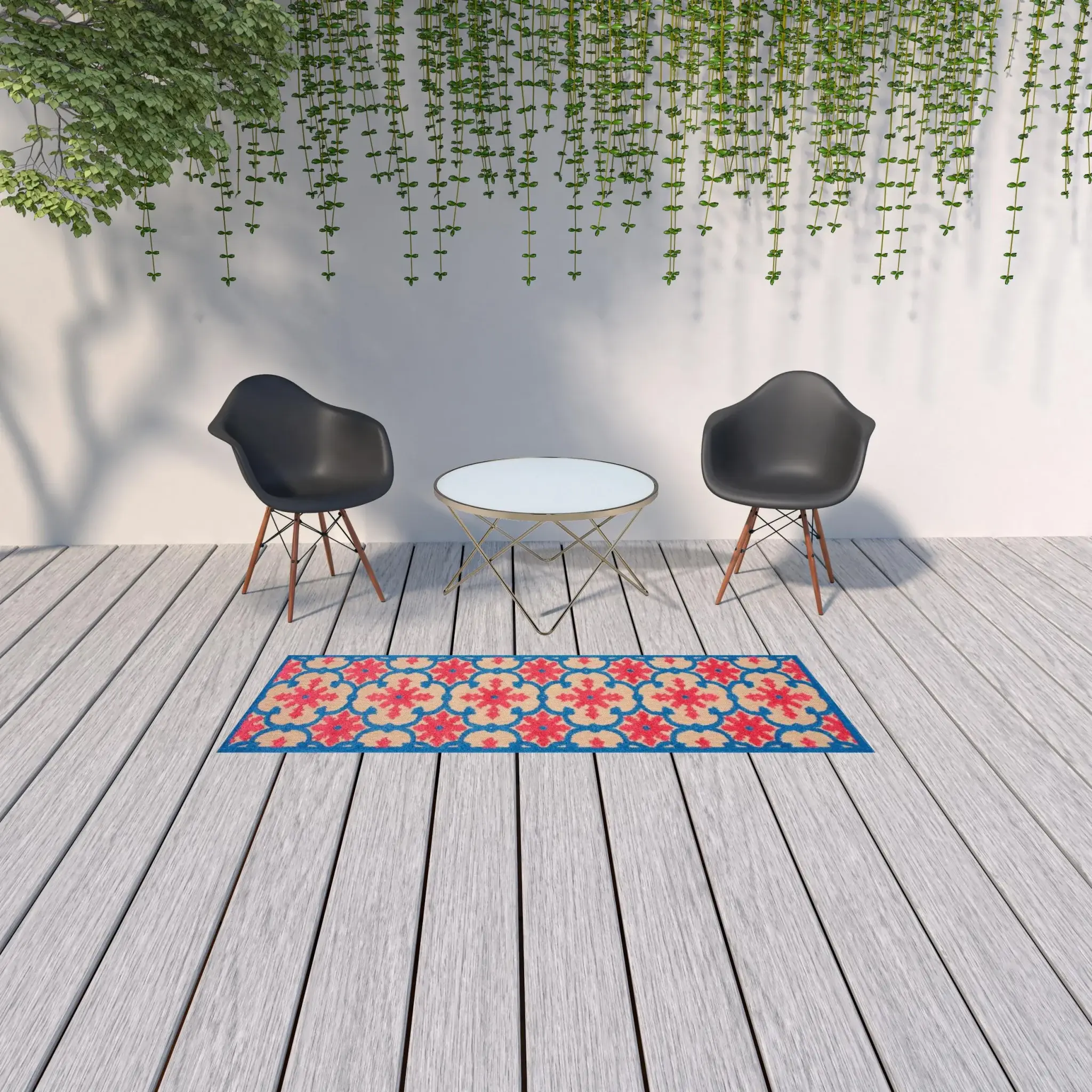 2' X 8' Blue and Beige Oriental Stain Resistant Indoor Outdoor Area Rug - Image 2