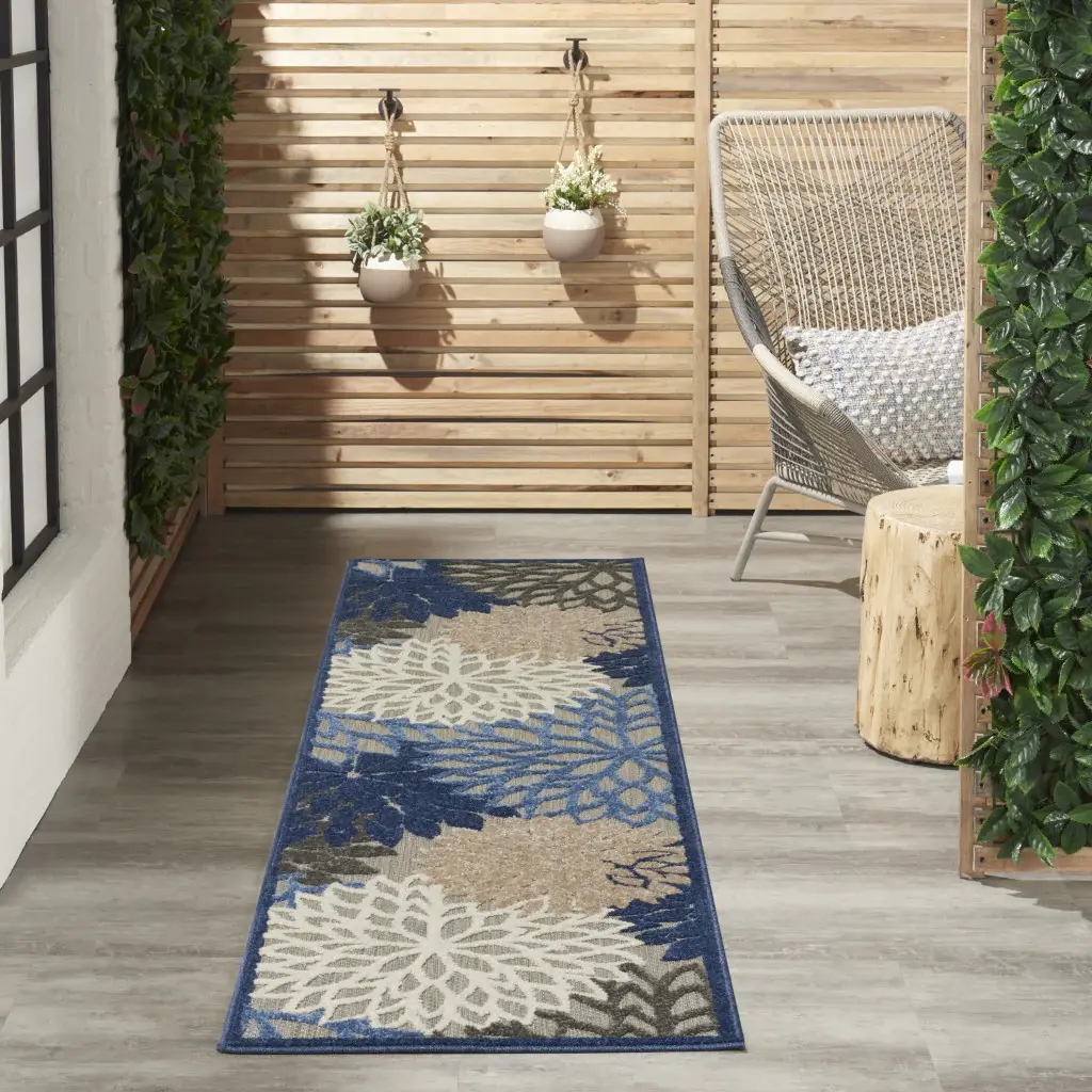 2' X 8' Blue And Gray Floral Indoor Outdoor Area Rug - Image 3