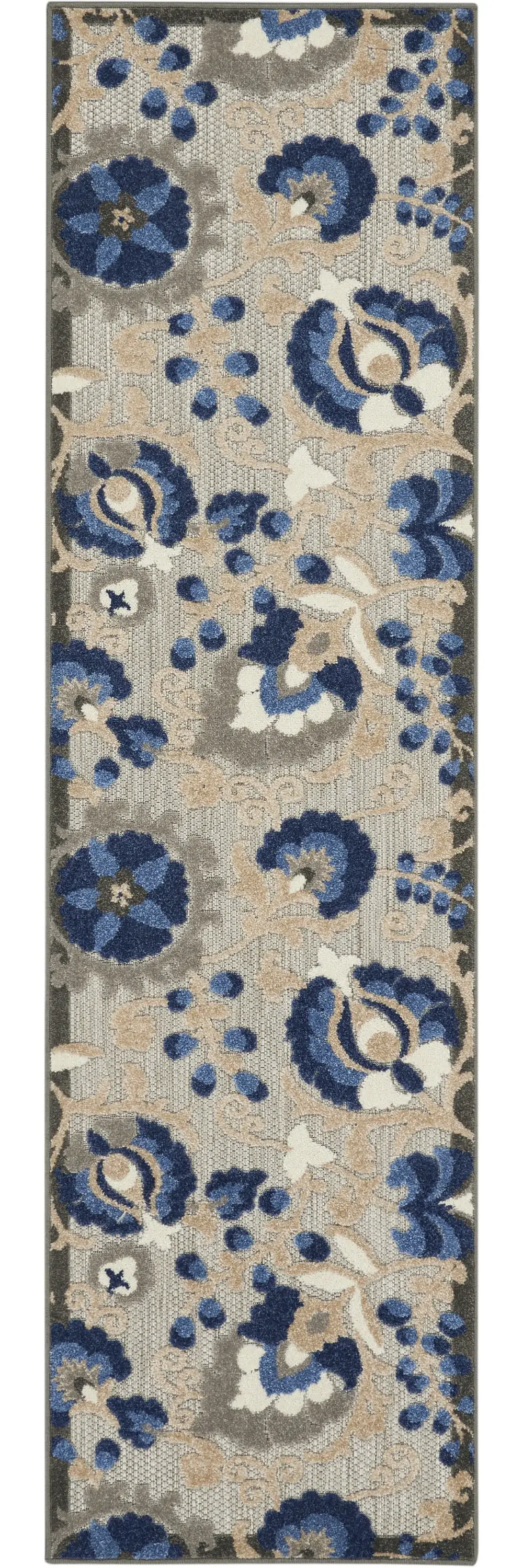 2' X 8' Blue And Gray Floral Indoor Outdoor Area Rug