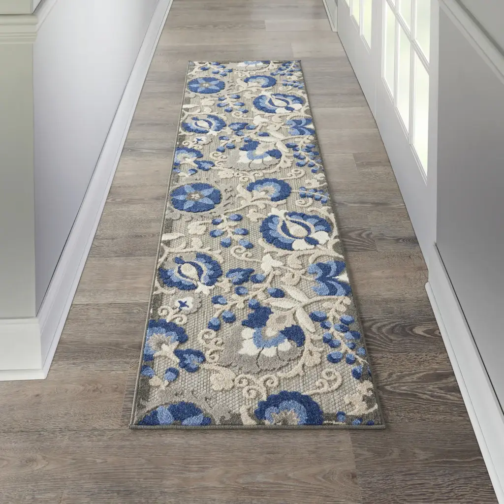 2' X 8' Blue And Gray Floral Indoor Outdoor Area Rug - Image 2