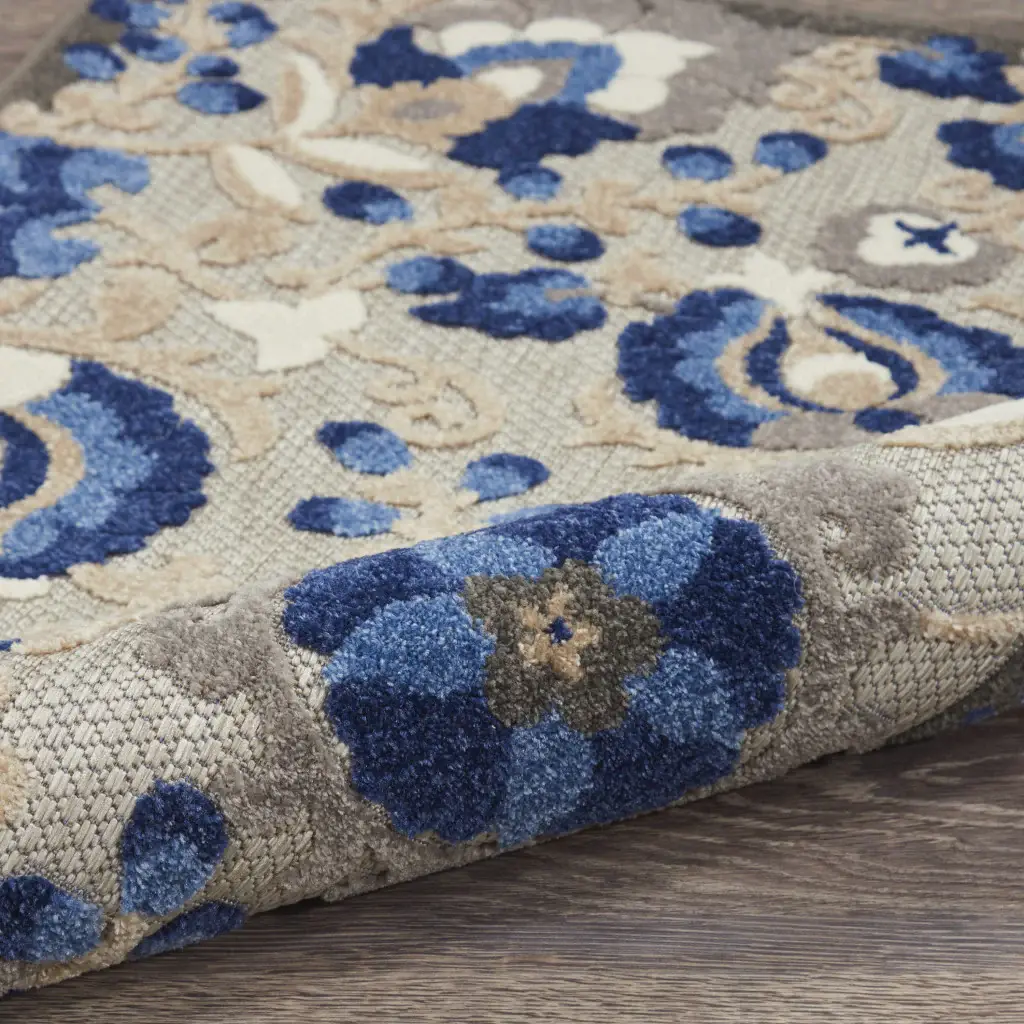 2' X 8' Blue And Gray Floral Indoor Outdoor Area Rug - Image 6