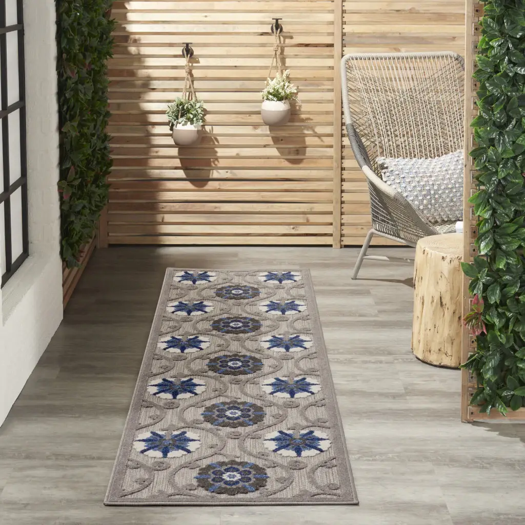 2' X 8' Blue And Gray Floral Indoor Outdoor Area Rug - Image 3