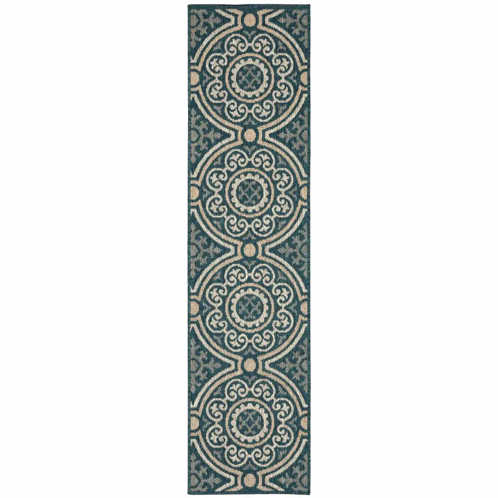 2' X 8' Blue and Gray Geometric Stain Resistant Indoor Outdoor Area Rug