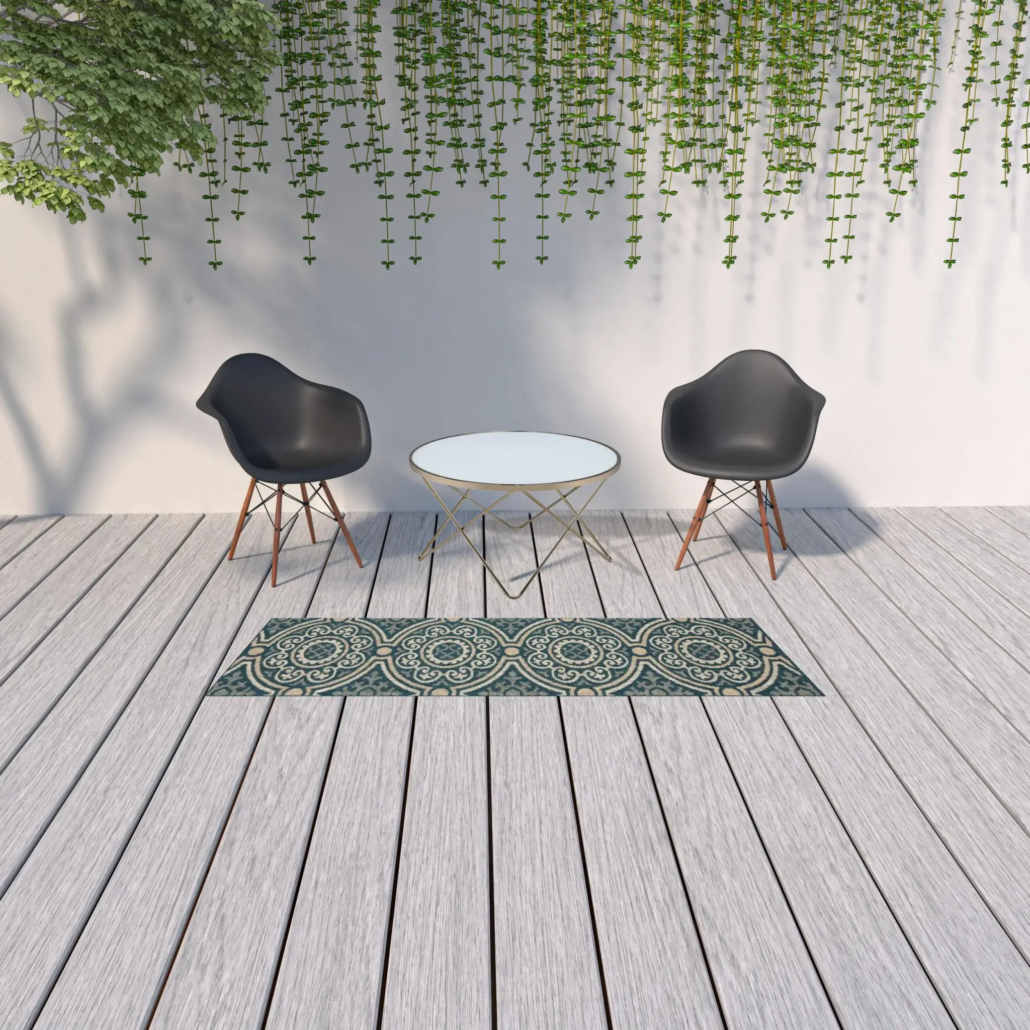2' X 8' Blue and Gray Geometric Stain Resistant Indoor Outdoor Area Rug - Image 2