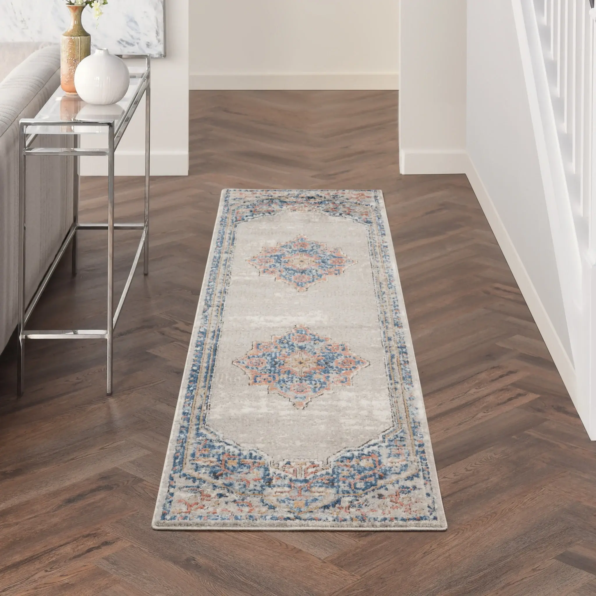 2' X 8' Blue And Grey Oriental Power Loom Non Skid Runner Rug - Image 8