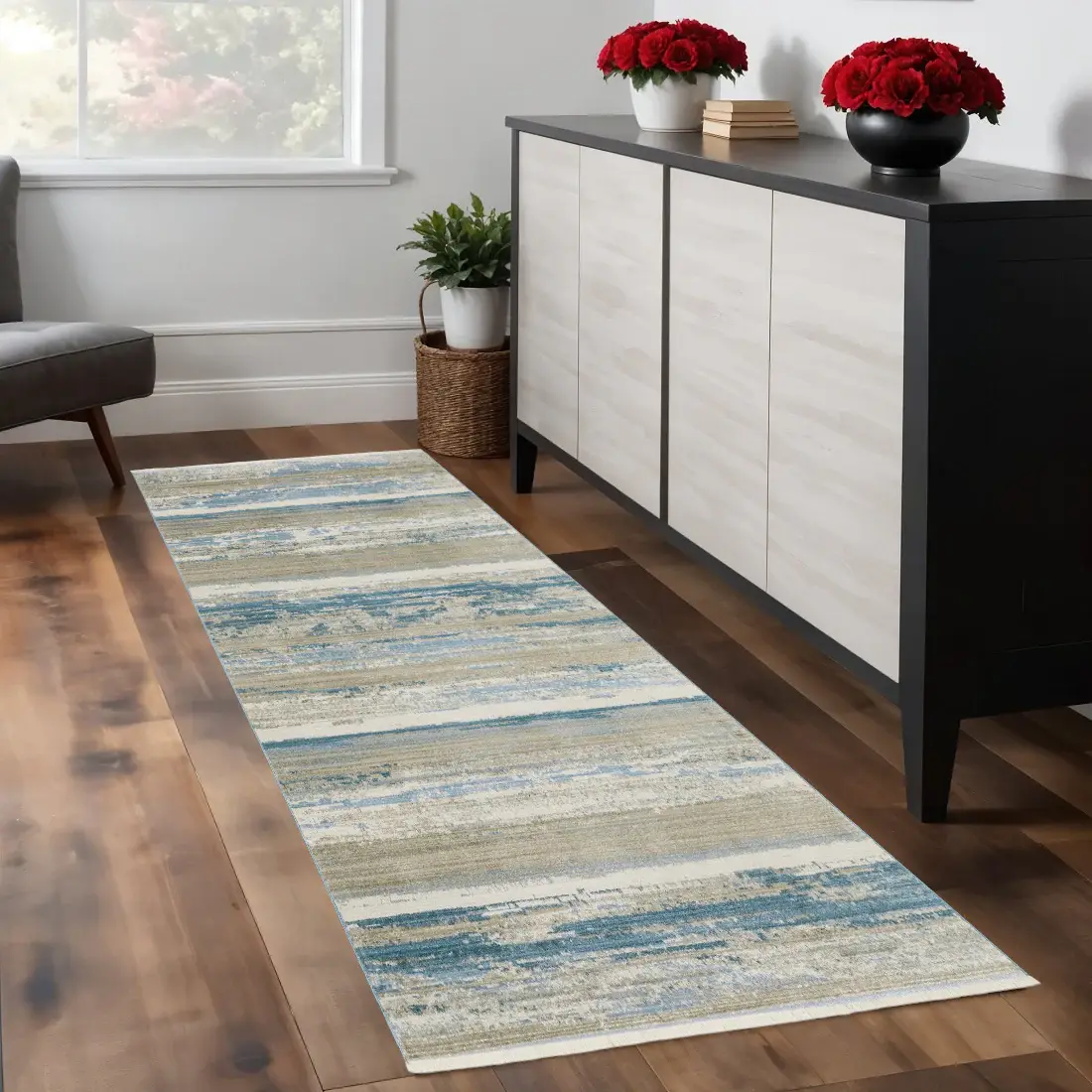 2' X 8' Blue And Ivory Abstract Power Loom Runner Rug With Fringe - Image 2