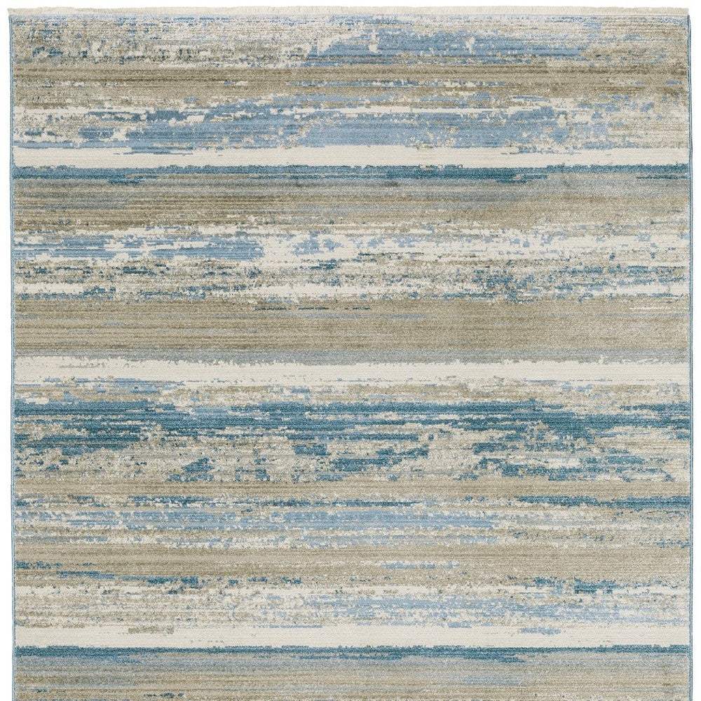 2' X 8' Blue And Ivory Abstract Power Loom Runner Rug With Fringe - Image 3