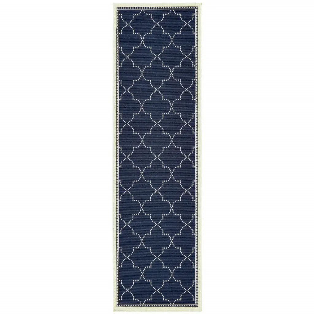 2' X 8' Blue and Ivory Geometric Stain Resistant Indoor Outdoor Area Rug