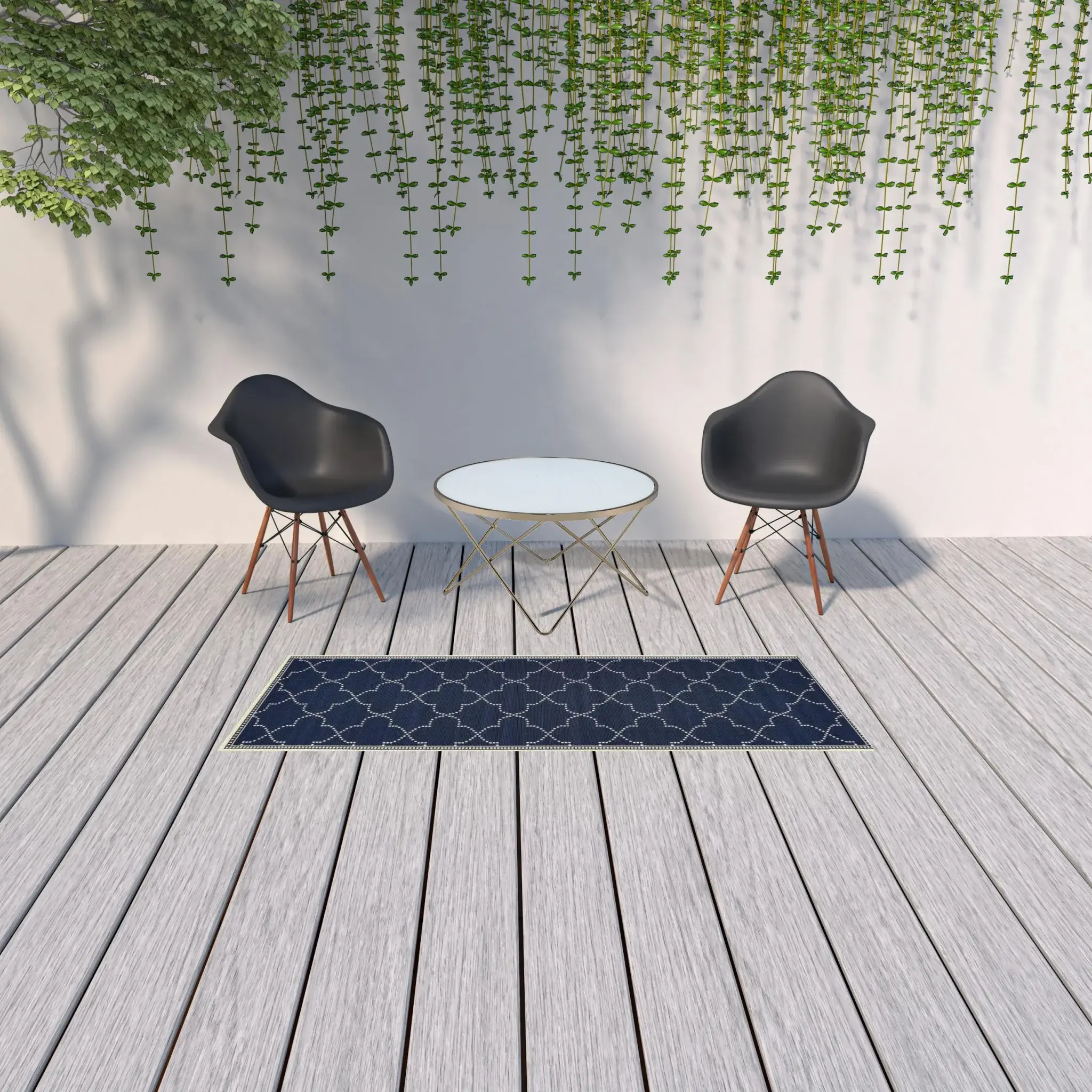2' X 8' Blue and Ivory Geometric Stain Resistant Indoor Outdoor Area Rug - Image 2