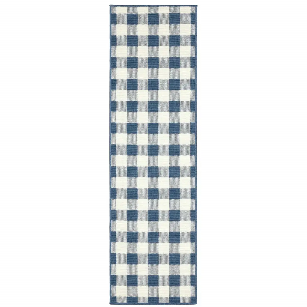 2' X 8' Blue and Ivory Geometric Stain Resistant Indoor Outdoor Area Rug