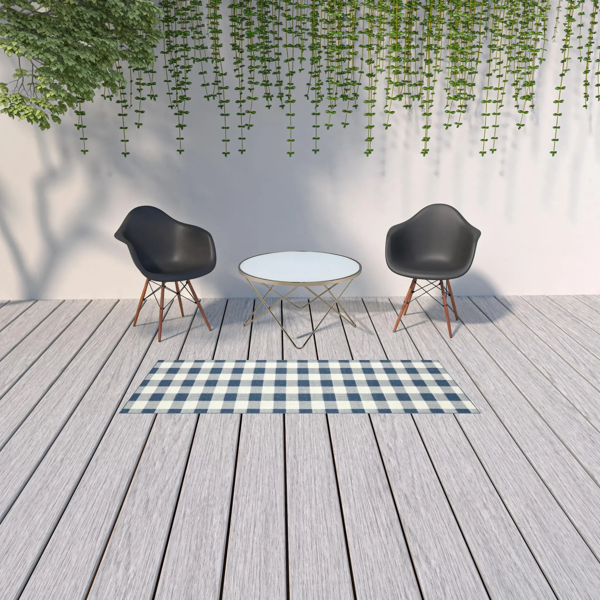 2' X 8' Blue and Ivory Geometric Stain Resistant Indoor Outdoor Area Rug - Image 2