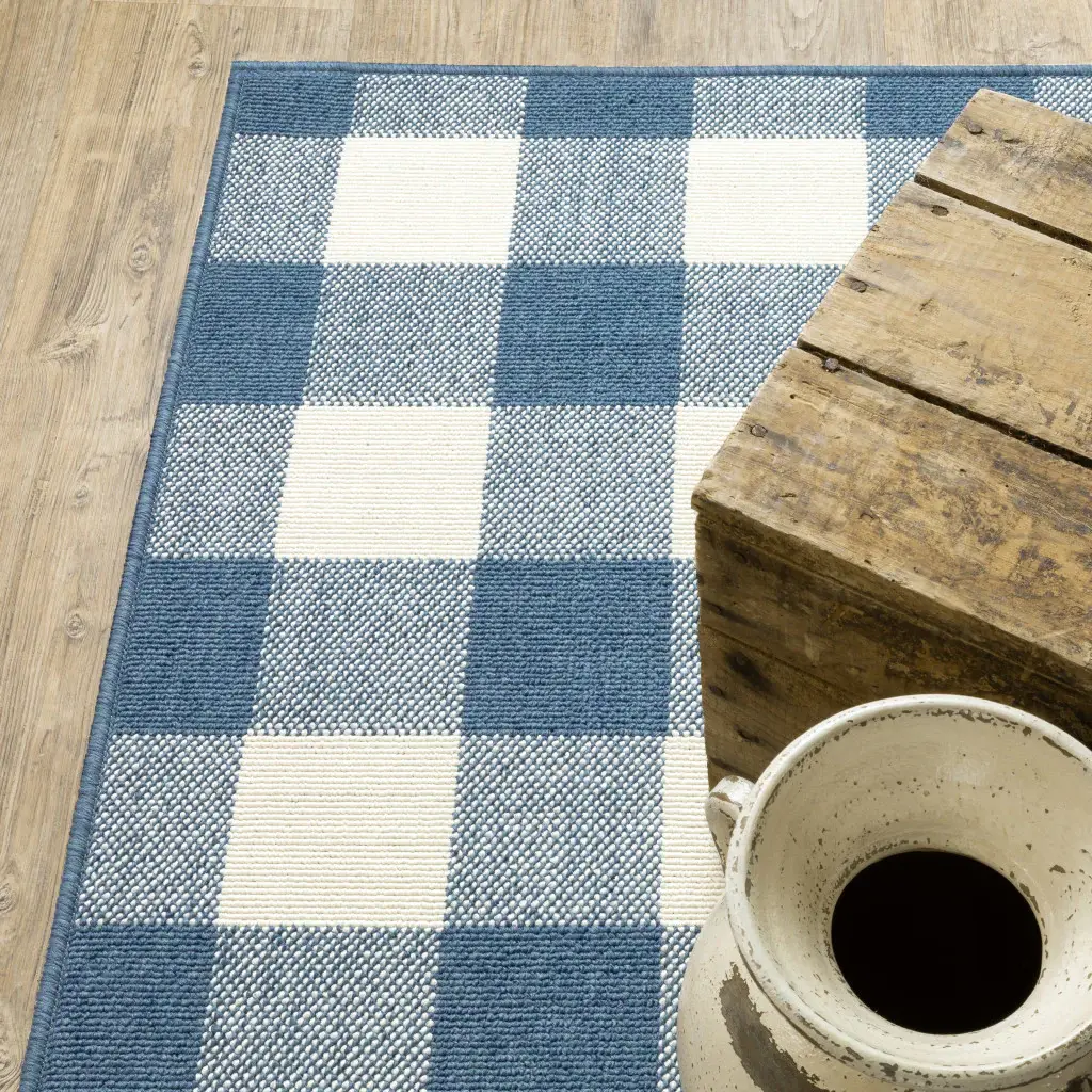 2' X 8' Blue and Ivory Geometric Stain Resistant Indoor Outdoor Area Rug - Image 6