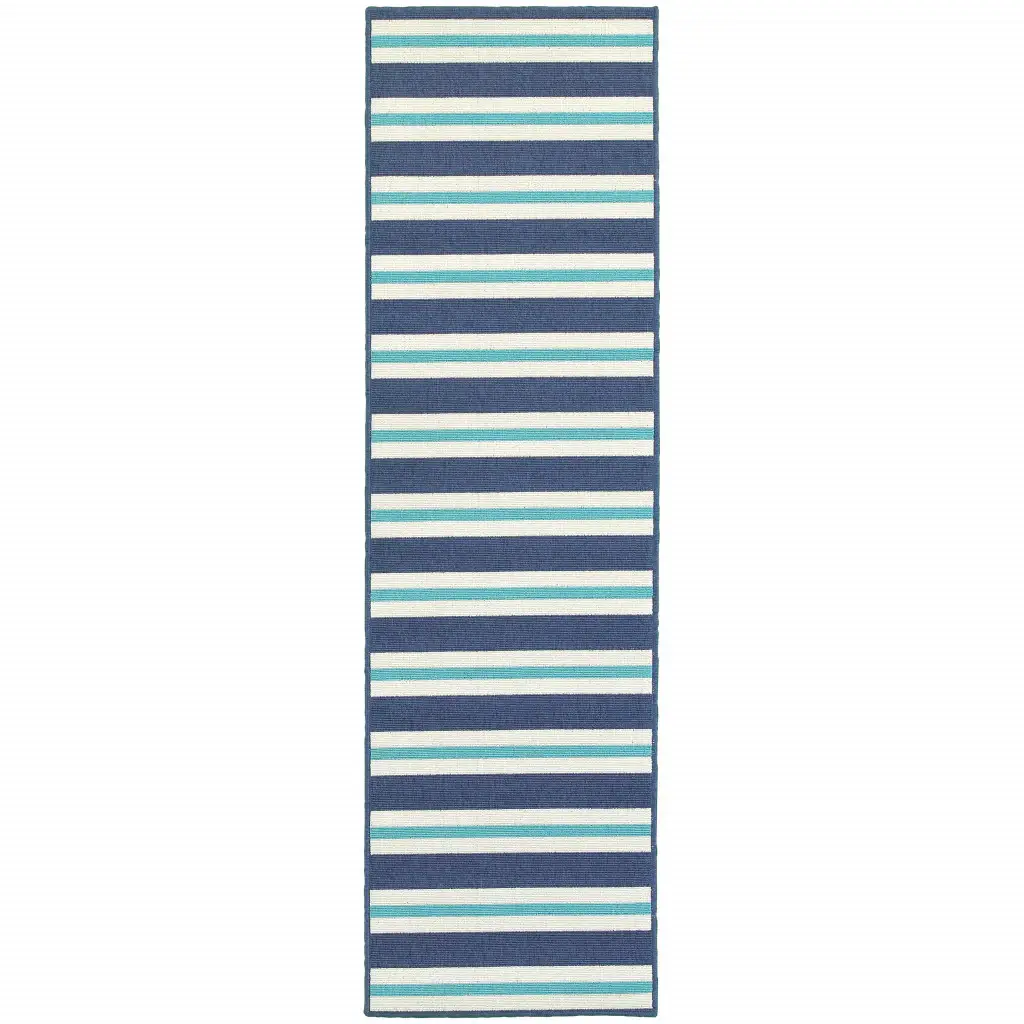 2' X 8' Blue and Ivory Geometric Stain Resistant Indoor Outdoor Area Rug