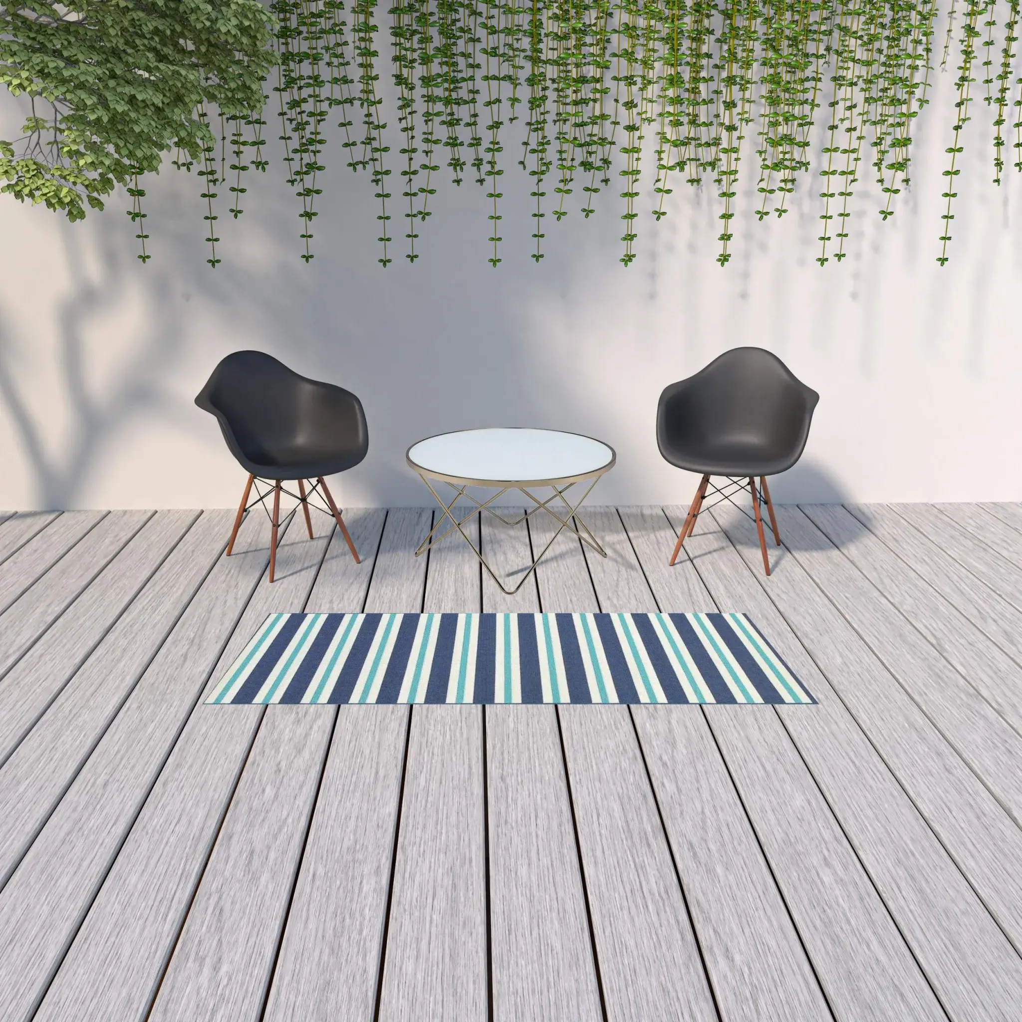 2' X 8' Blue and Ivory Geometric Stain Resistant Indoor Outdoor Area Rug - Image 2