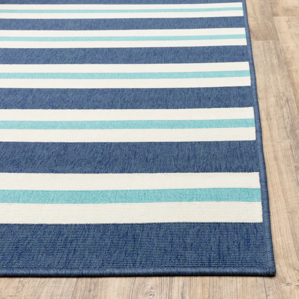 2' X 8' Blue and Ivory Geometric Stain Resistant Indoor Outdoor Area Rug - Image 6