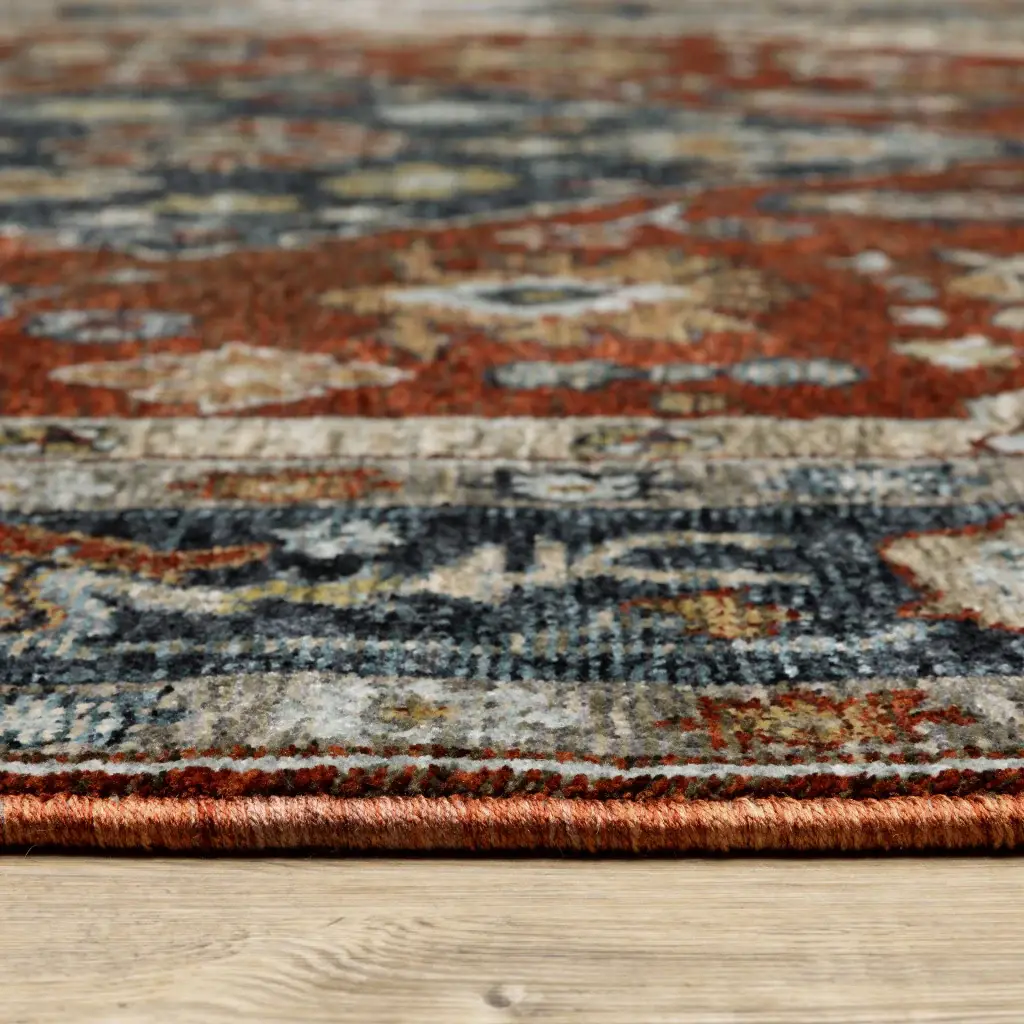 2' X 8' Blue Beige Tan Brown Gold And Rust Red Oriental Power Loom Stain Resistant Runner Rug With Fringe - Image 3