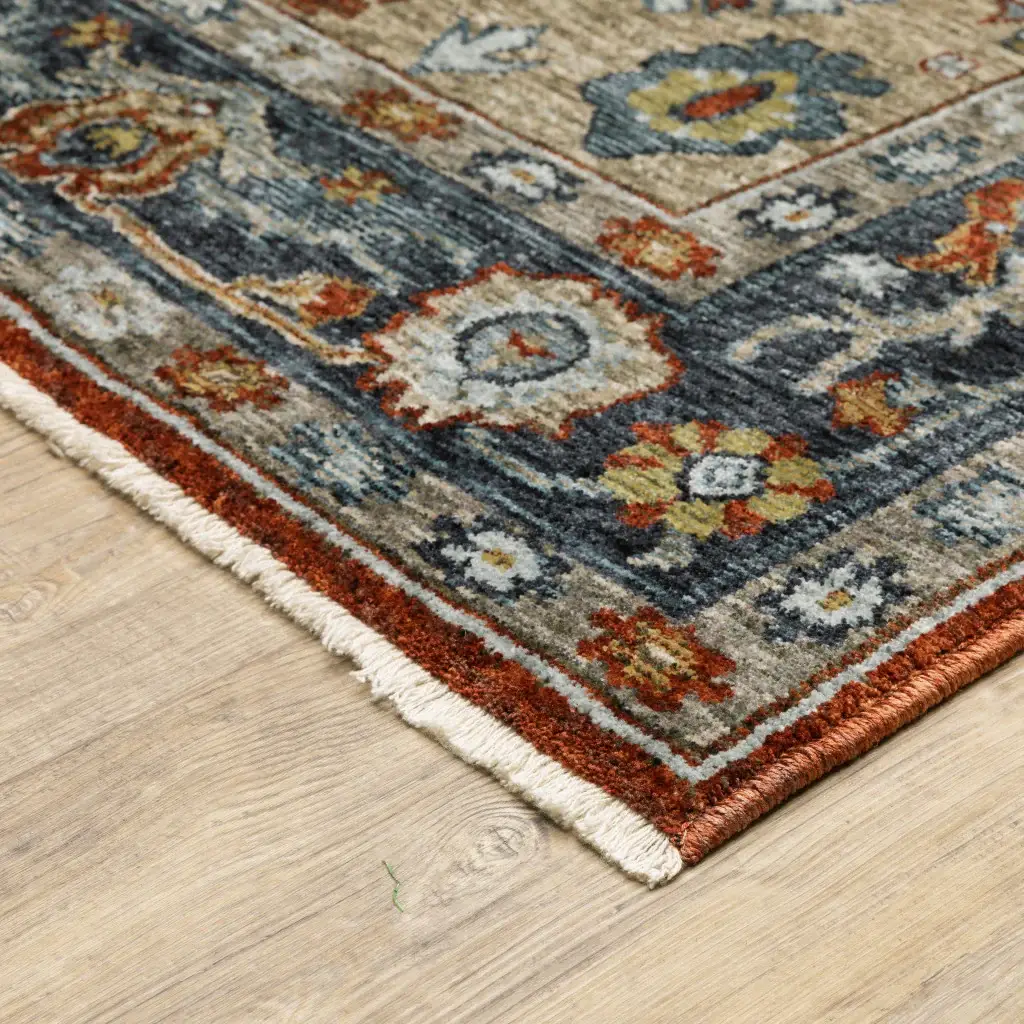 2' X 8' Blue Beige Tan Brown Gold And Rust Red Oriental Power Loom Stain Resistant Runner Rug With Fringe - Image 5