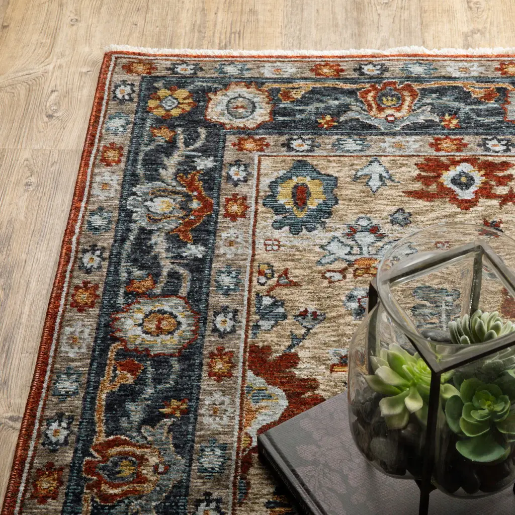 2' X 8' Blue Beige Tan Brown Gold And Rust Red Oriental Power Loom Stain Resistant Runner Rug With Fringe - Image 6