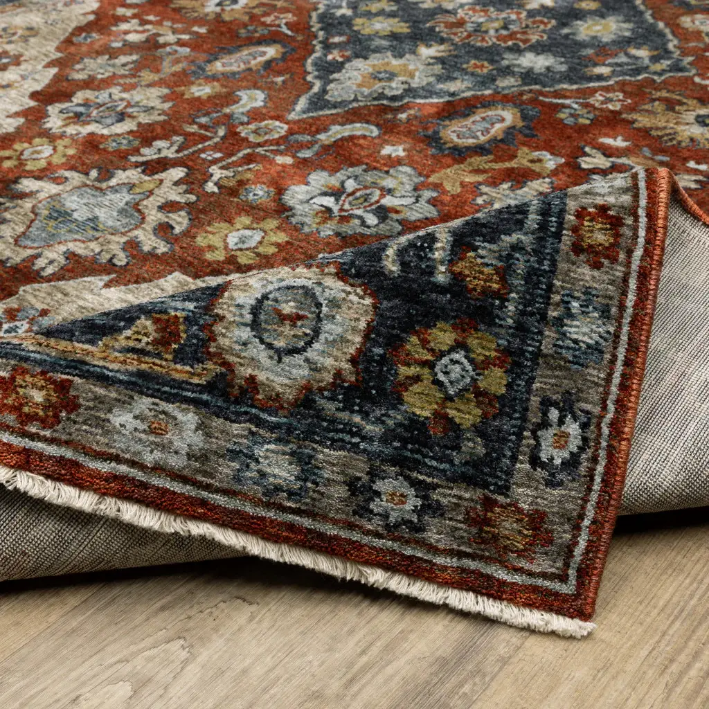 2' X 8' Blue Beige Tan Brown Gold And Rust Red Oriental Power Loom Stain Resistant Runner Rug With Fringe - Image 8