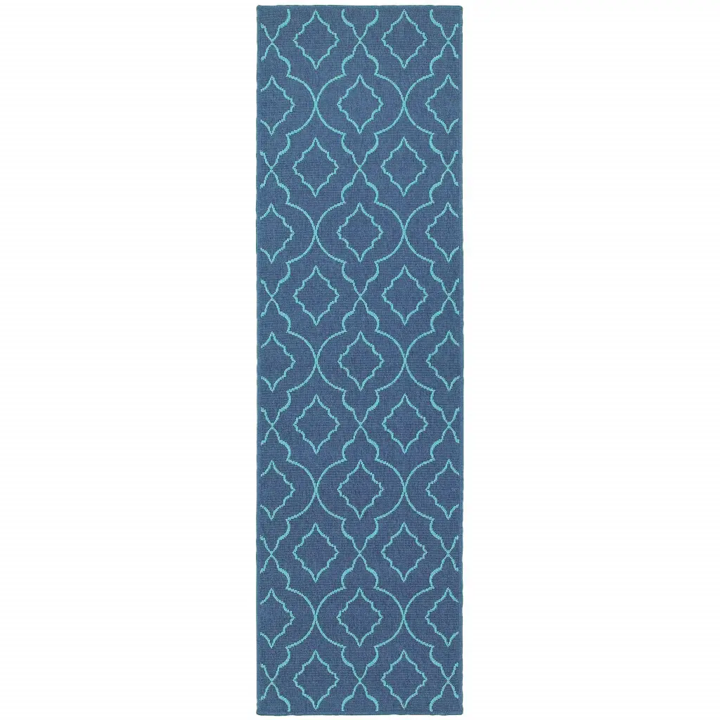 2' X 8' Blue Geometric Stain Resistant Indoor Outdoor Area Rug